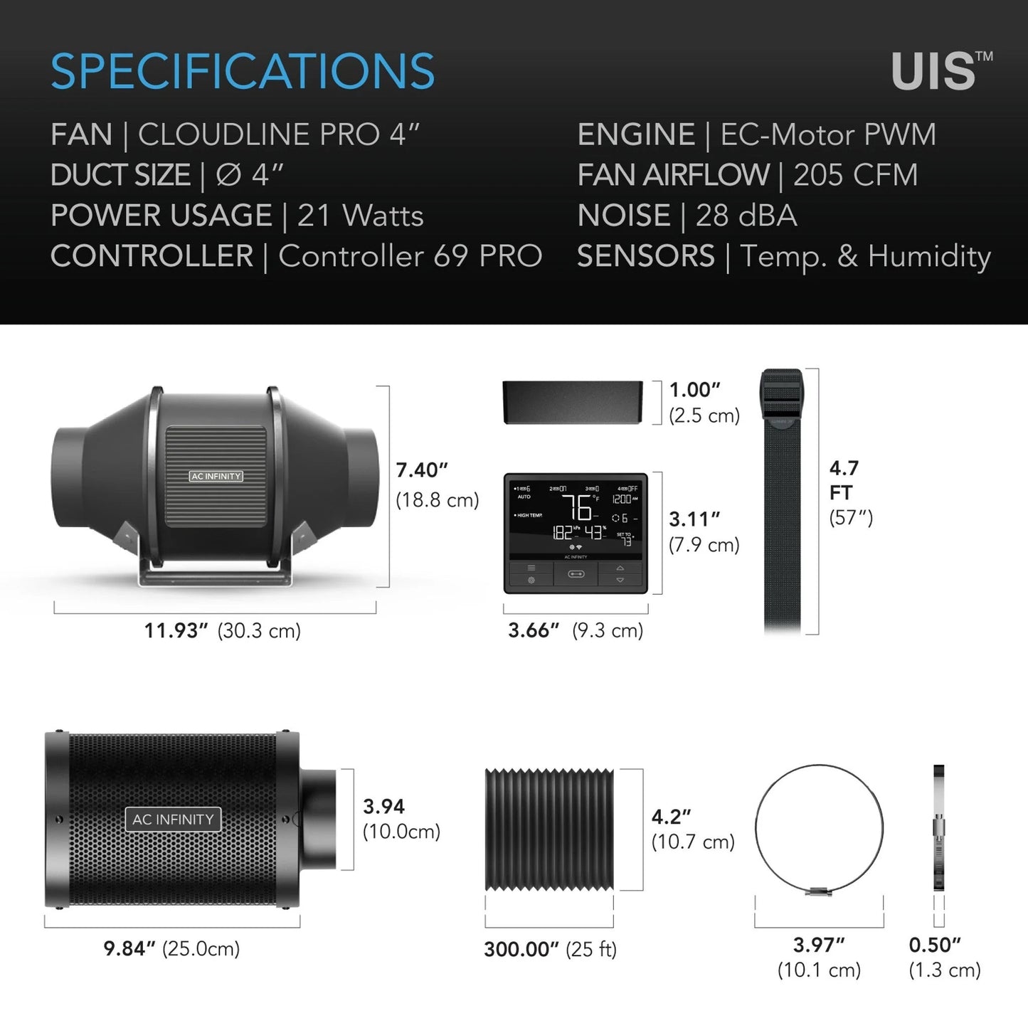 Air Filtration Kit PRO 4", Inline Fan with Smart Controller, Carbon Filter & Ducting Combo